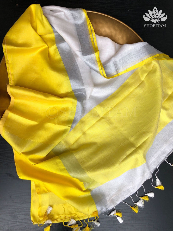 White and Yellow Wide Border Linen by Linen Saree