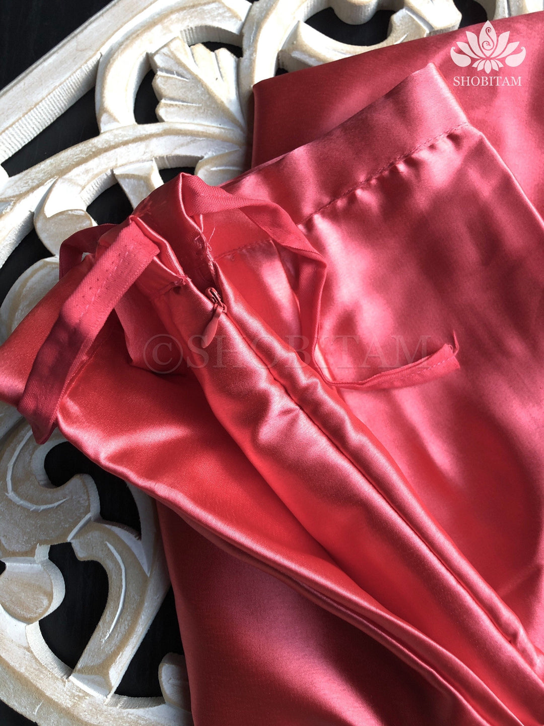Premium Quality coral peach Satin Petticoat for saree, in standard size. | SHOBITAM