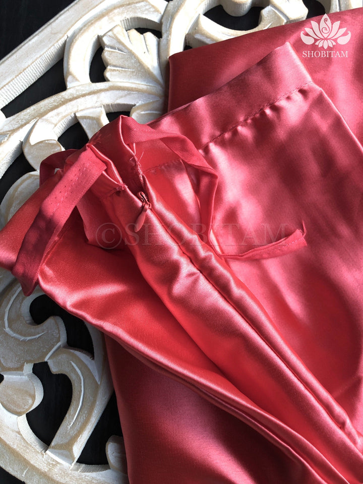 Premium Quality coral peach Satin Petticoat for saree, in standard size. | SHOBITAM