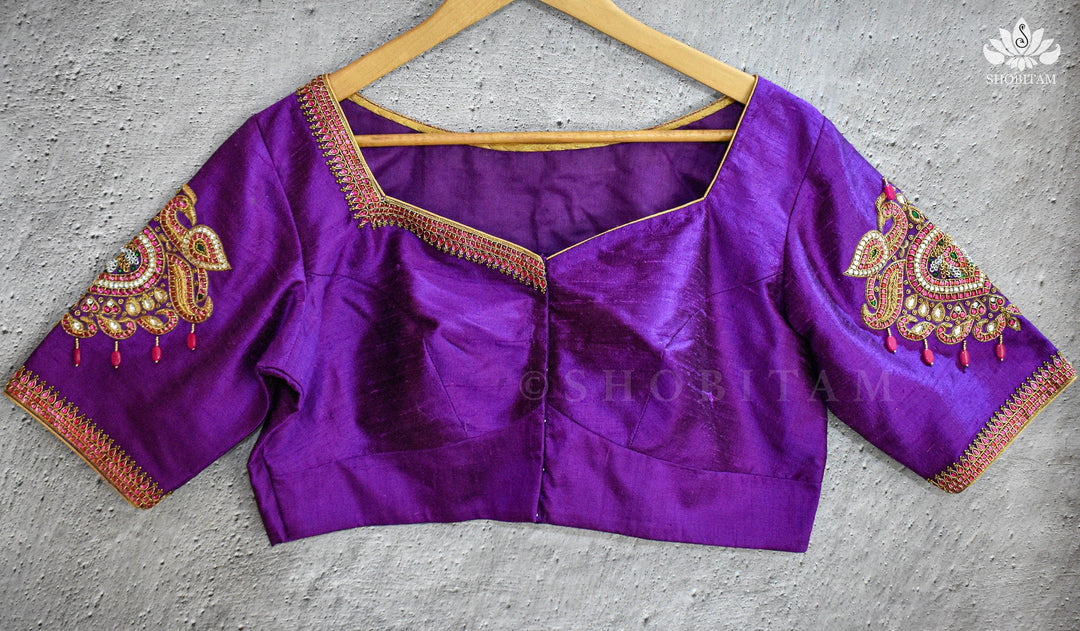 Made to order Temple Jewelry Style Jadau Blouse in Violet | Shobitam Blouse