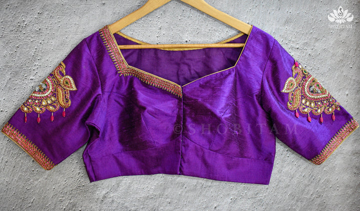 Made to order Temple Jewelry Style Jadau Blouse in Violet | Shobitam Blouse