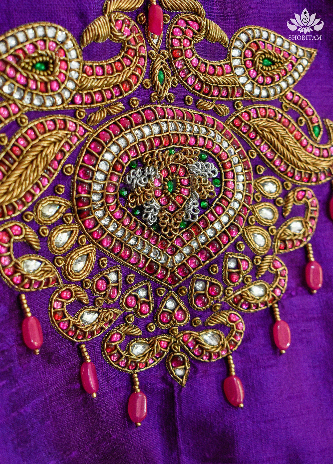 Made to order Temple Jewelry Style Jadau Blouse in Violet | Shobitam Blouse