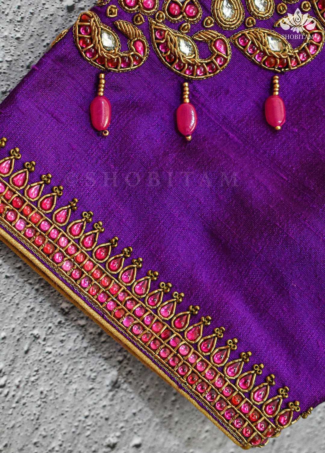 Made to order Temple Jewelry Style Jadau Blouse in Violet | Shobitam Blouse