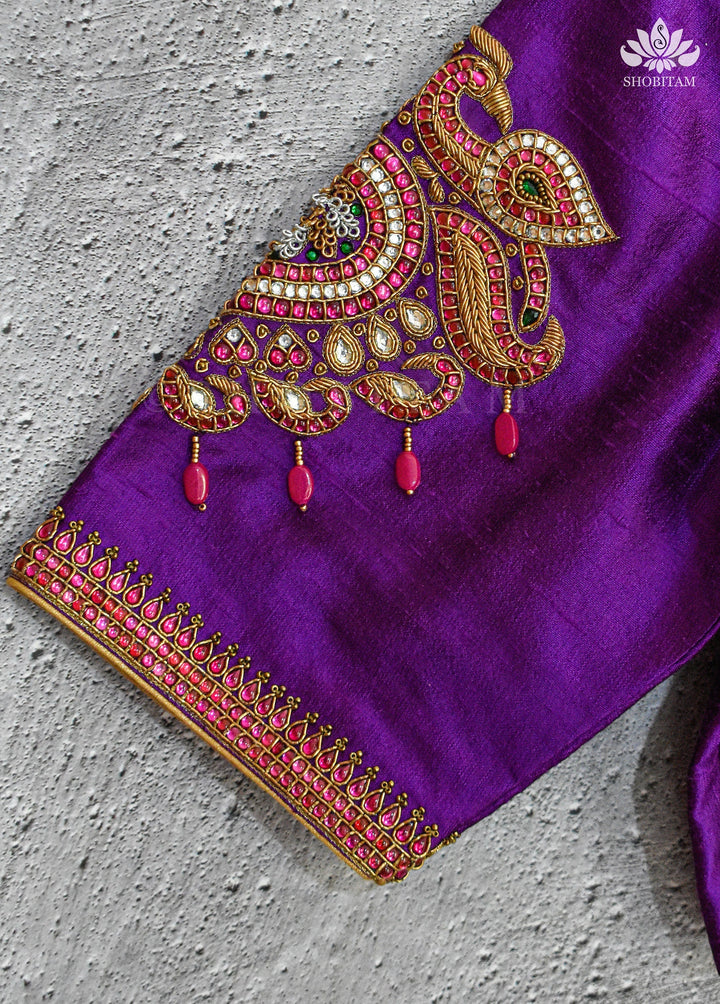 Made to order Temple Jewelry Style Jadau Blouse in Violet | Shobitam Blouse