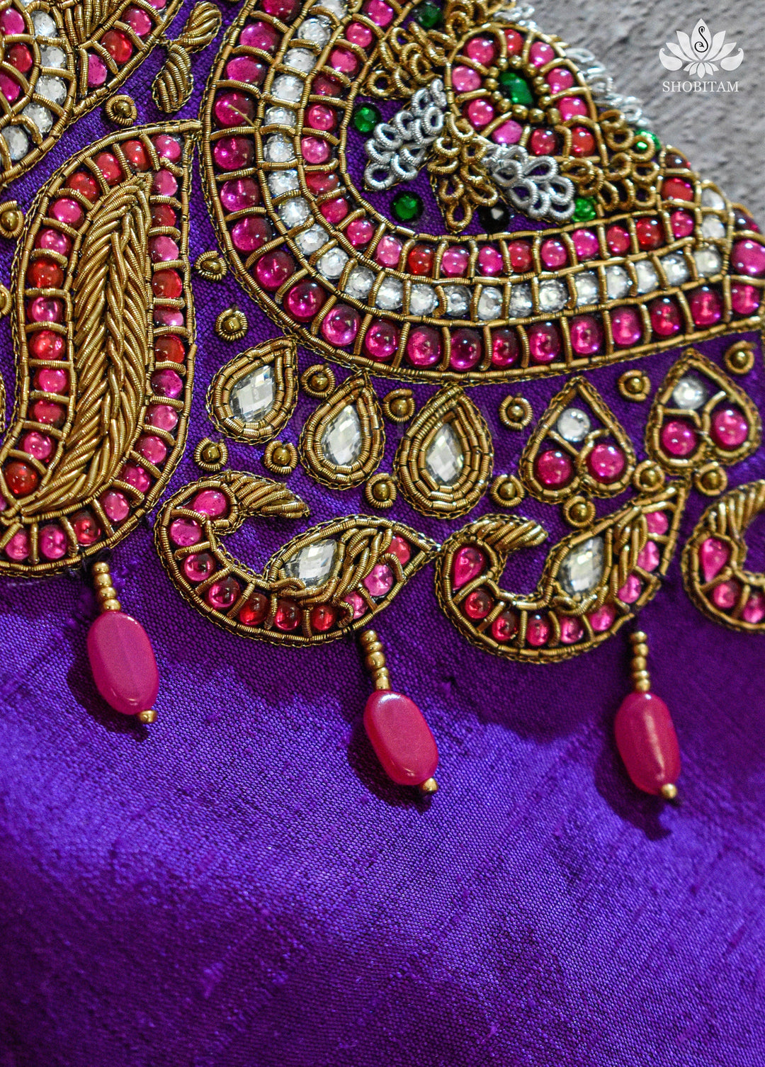 Made to order Temple Jewelry Style Jadau Blouse in Violet | Shobitam Blouse