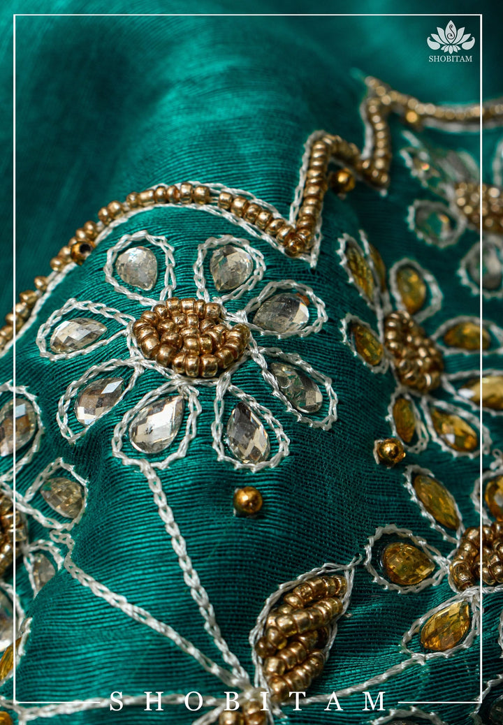 Teal Silk Linen Saree with Embroidery | Shobitam Saree