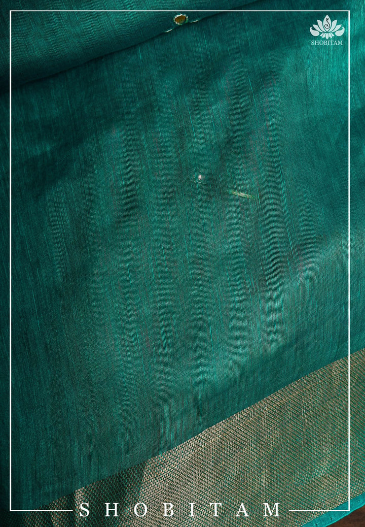 Teal Silk Linen Saree with Embroidery | Shobitam Saree