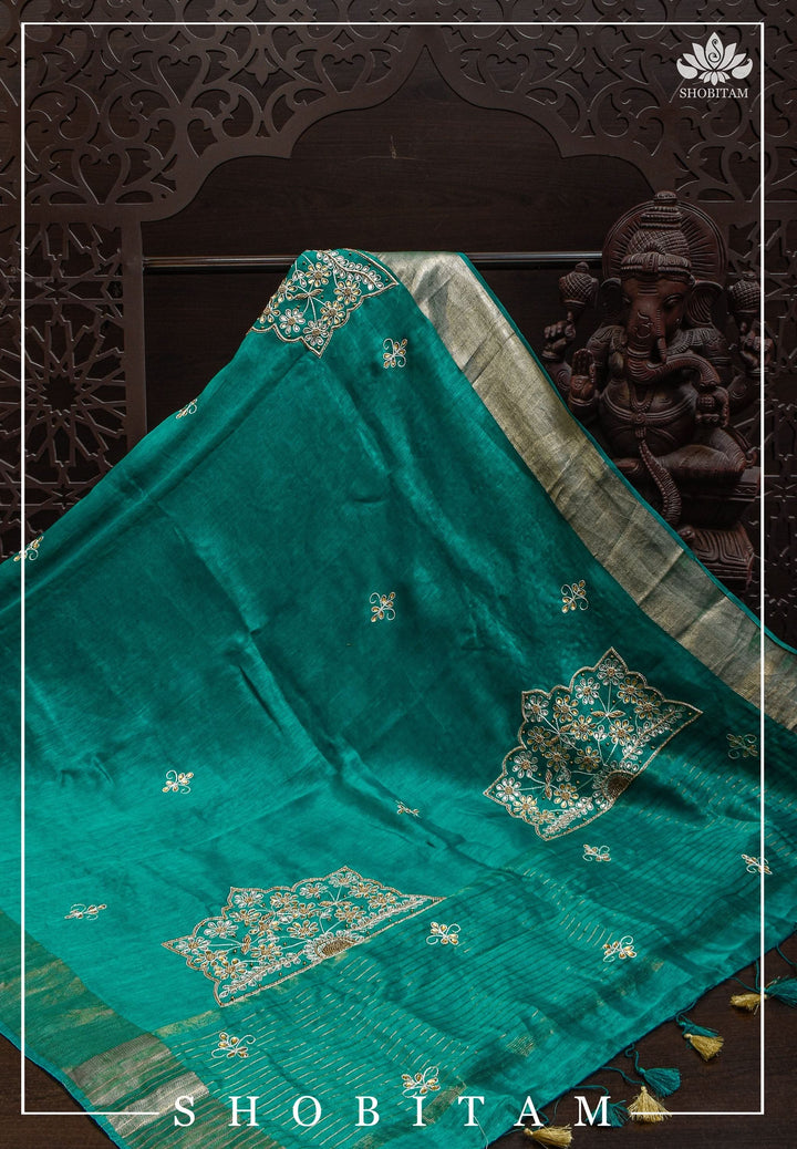 Teal Silk Linen Saree with Embroidery | Shobitam Saree