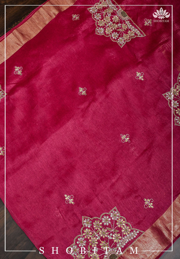 Pink Silk Linen Saree with Embroidery