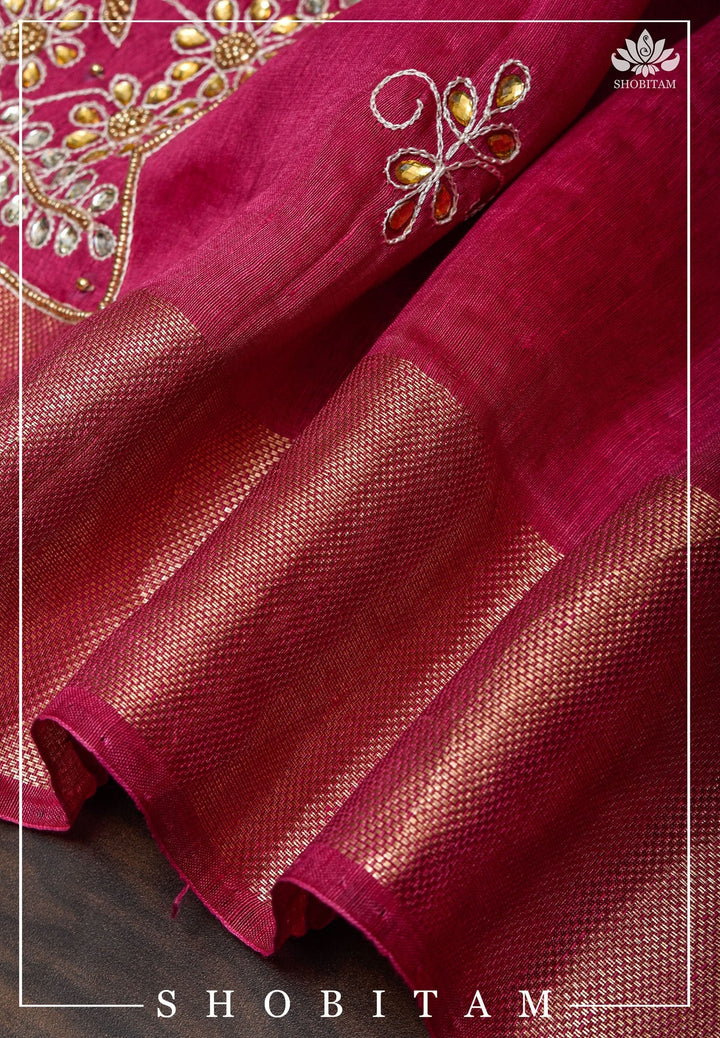 Pink Silk Linen Saree with Embroidery