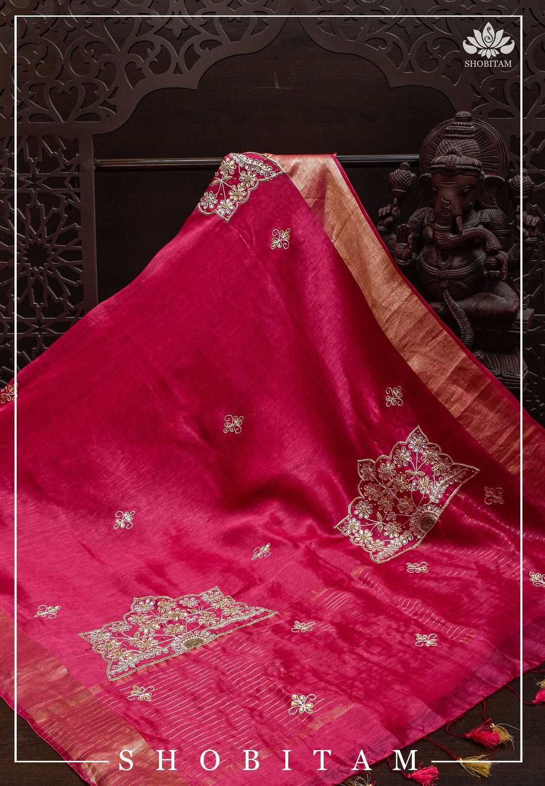 Pink Silk Linen Saree with Embroidery