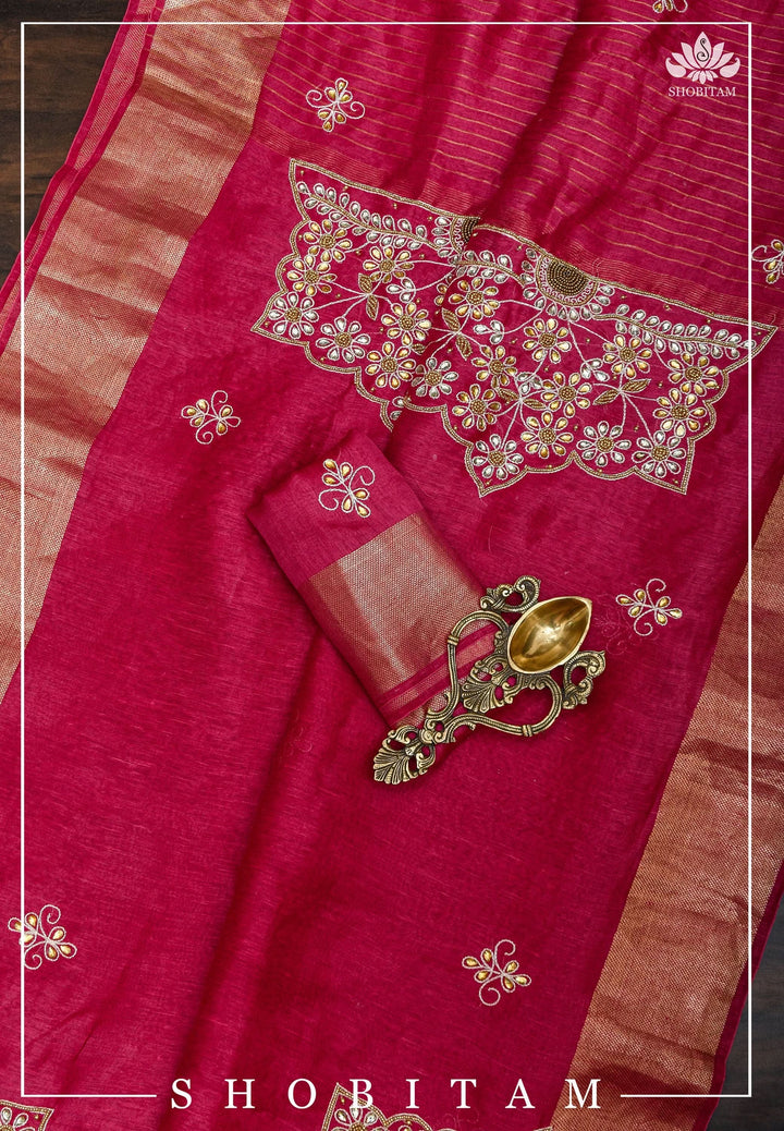 Pink Silk Linen Saree with Embroidery