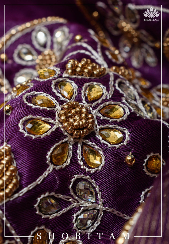 Purple Silk Linen Saree with Embroidery