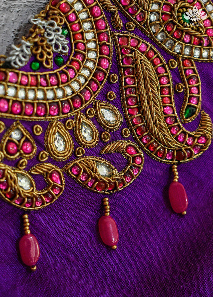 Made to order Temple Jewelry Style Jadau Blouse in Violet | Shobitam Blouse