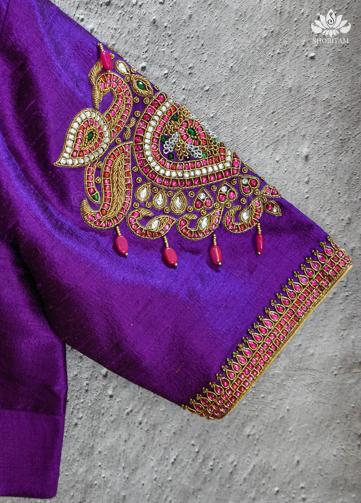 Made to order Temple Jewelry Style Jadau Blouse in Violet | Shobitam Blouse