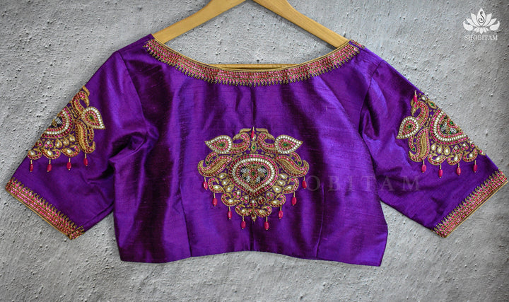 Made to order Temple Jewelry Style Jadau Blouse in Violet | Shobitam Blouse