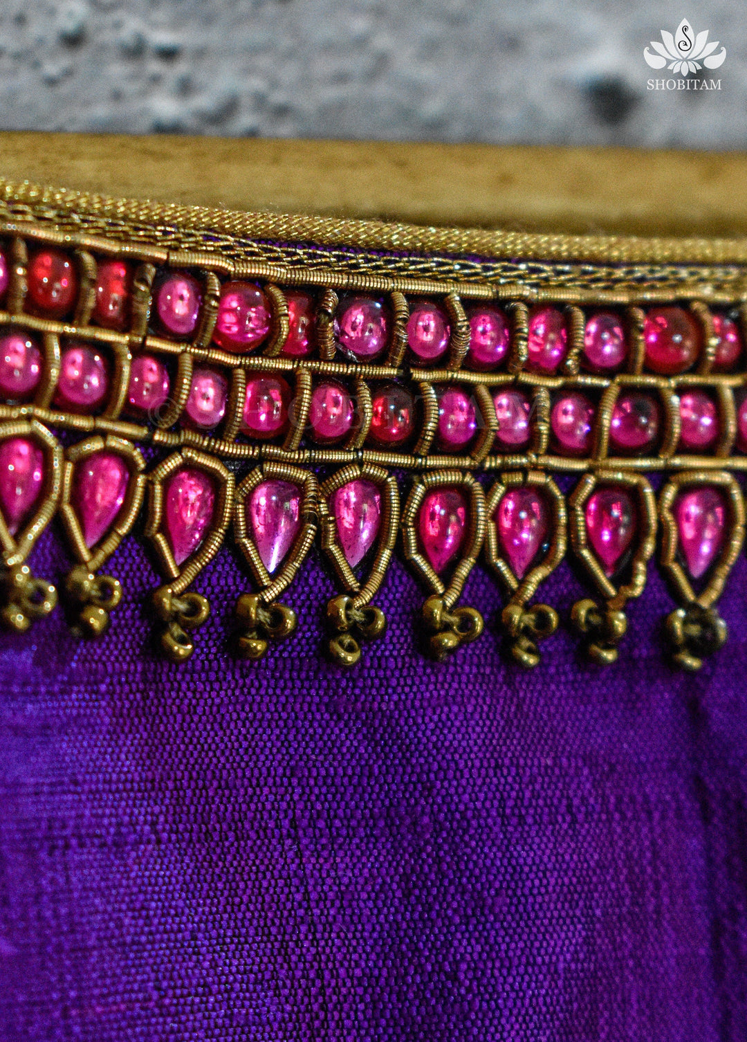 Made to order Temple Jewelry Style Jadau Blouse in Violet | Shobitam Blouse