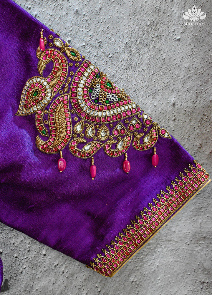 Made to order Temple Jewelry Style Jadau Blouse in Violet | Shobitam Blouse