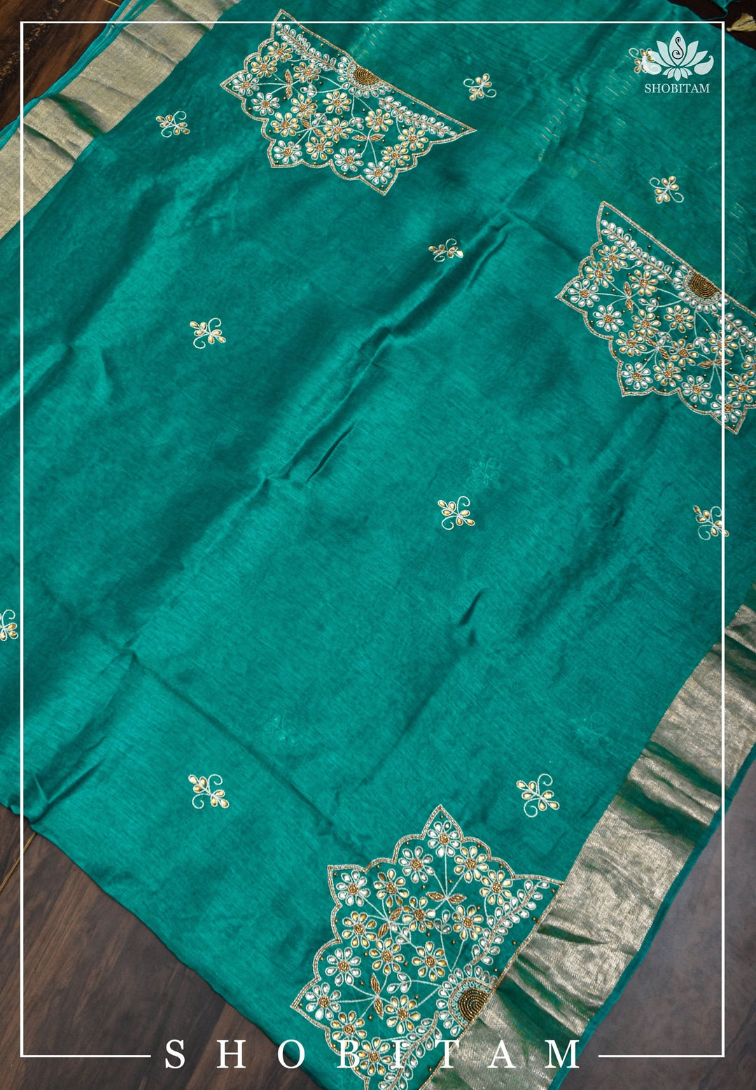 Teal Silk Linen Saree with Embroidery | Shobitam Saree