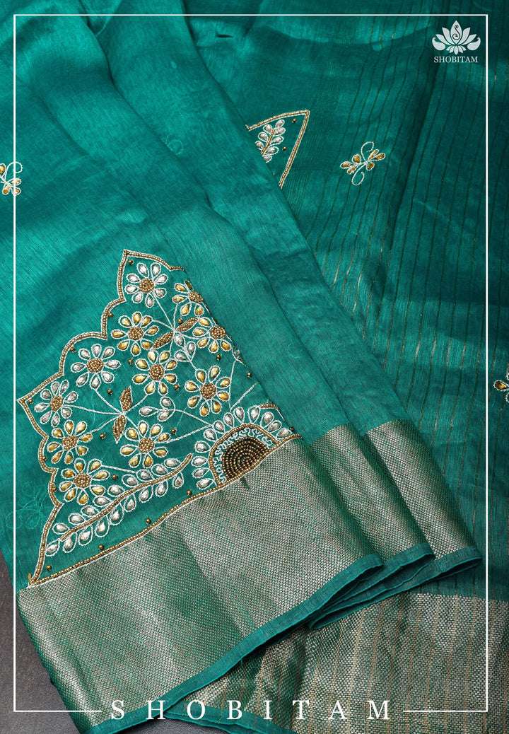 Teal Silk Linen Saree with Embroidery | Shobitam Saree