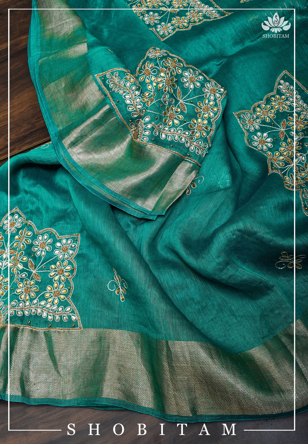 Teal Silk Linen Saree with Embroidery | Shobitam Saree