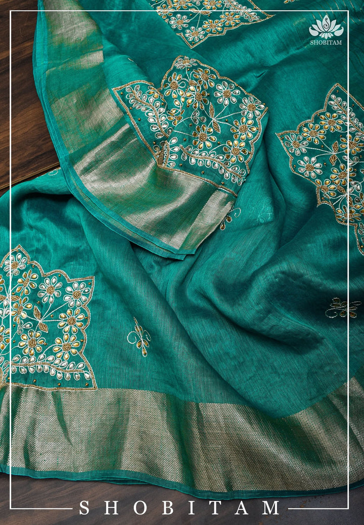 Teal Silk Linen Saree with Embroidery | Shobitam Saree