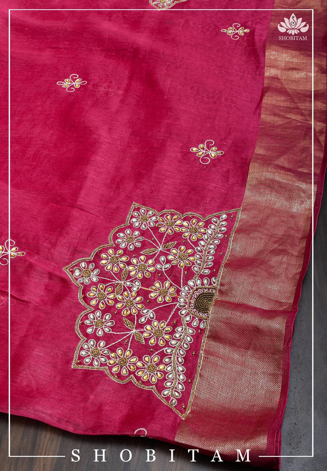 Pink Silk Linen Saree with Embroidery