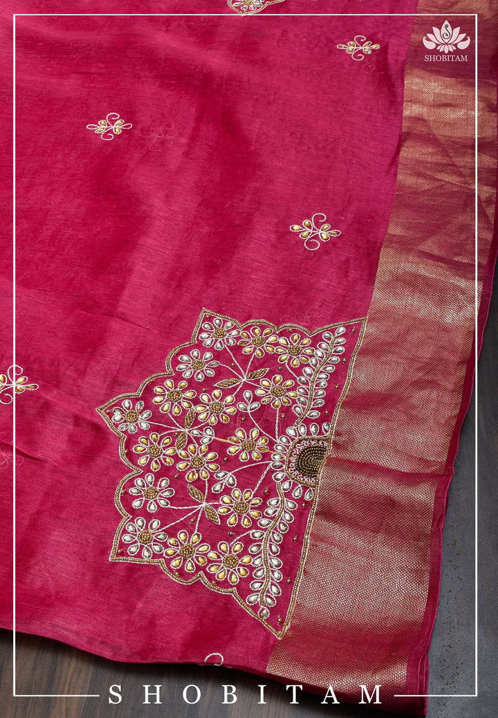 Pink Silk Linen Saree with Embroidery