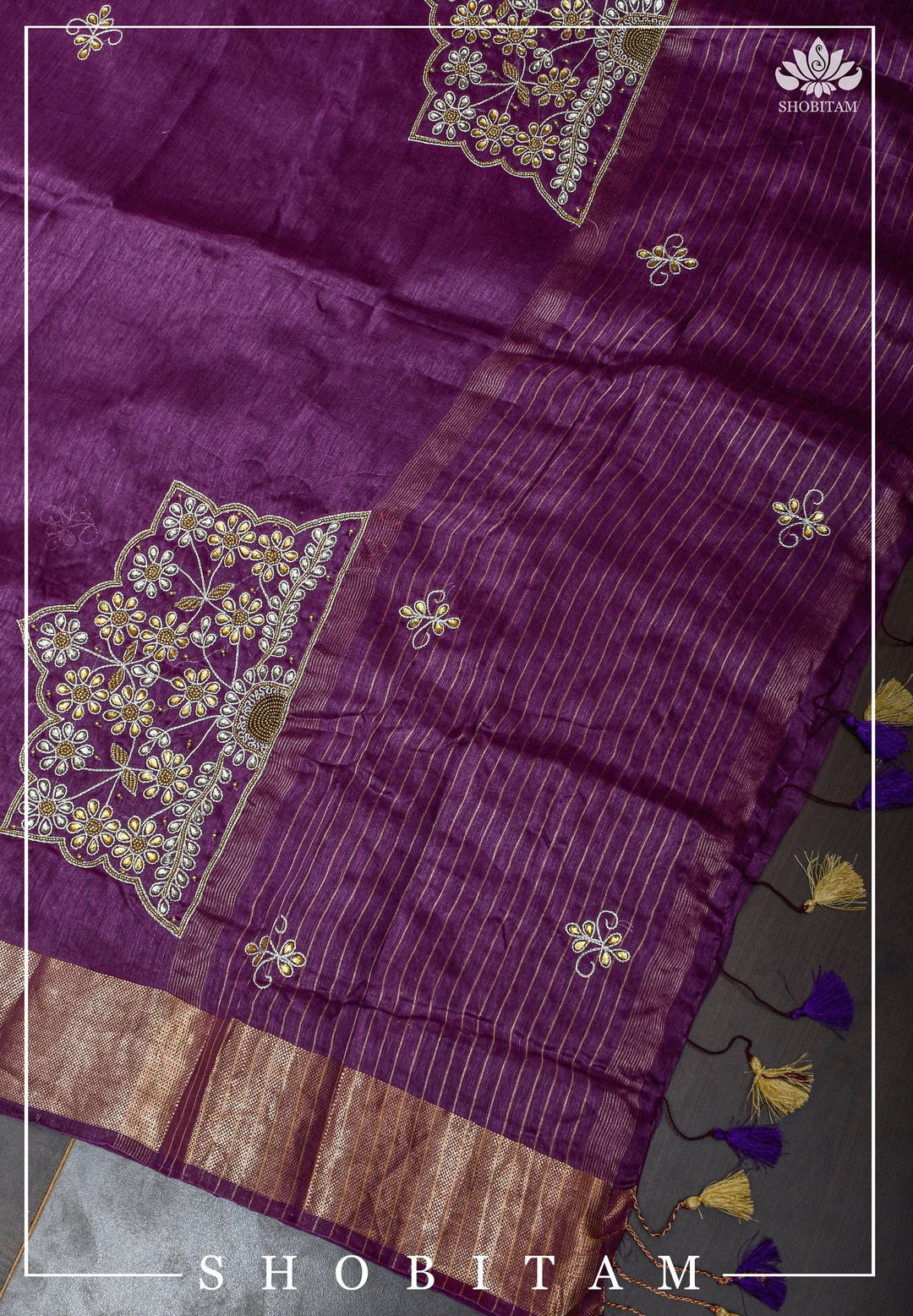 Purple Silk Linen Saree with Embroidery