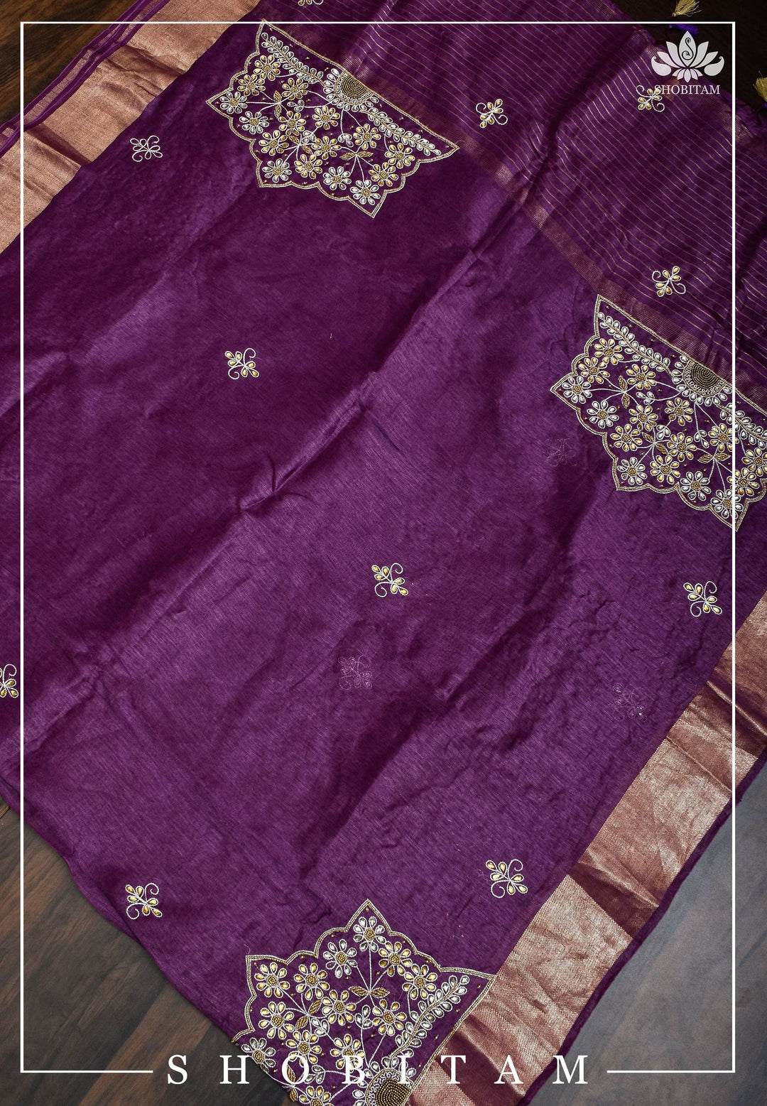 Purple Silk Linen Saree with Embroidery