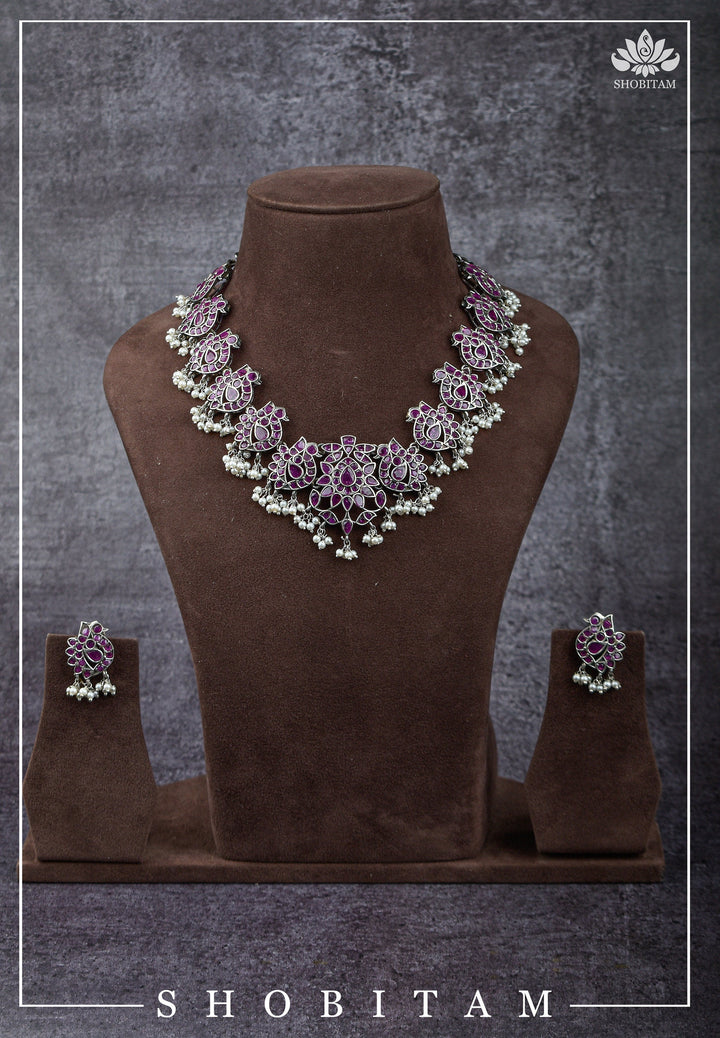 Vintage Style Oxidized Silver Peacock Units Necklace Set with Pink Stone Detailing and Dangling Pearls