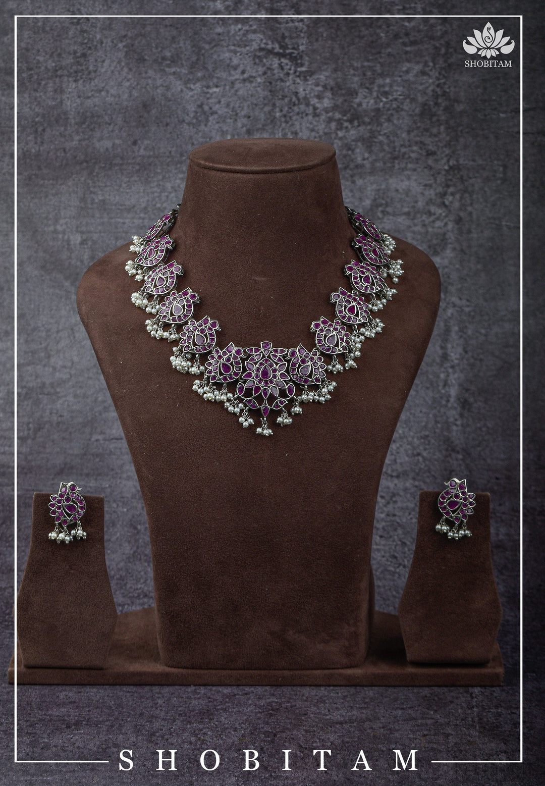 Vintage Style Oxidized Silver Peacock Units Necklace Set with Pink Stone Detailing and Dangling Pearls