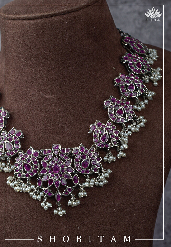 Vintage Style Oxidized Silver Peacock Units Necklace Set with Pink Stone Detailing and Dangling Pearls