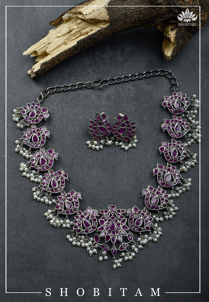 Vintage Style Oxidized Silver Peacock Units Necklace Set with Pink Stone Detailing and Dangling Pearls