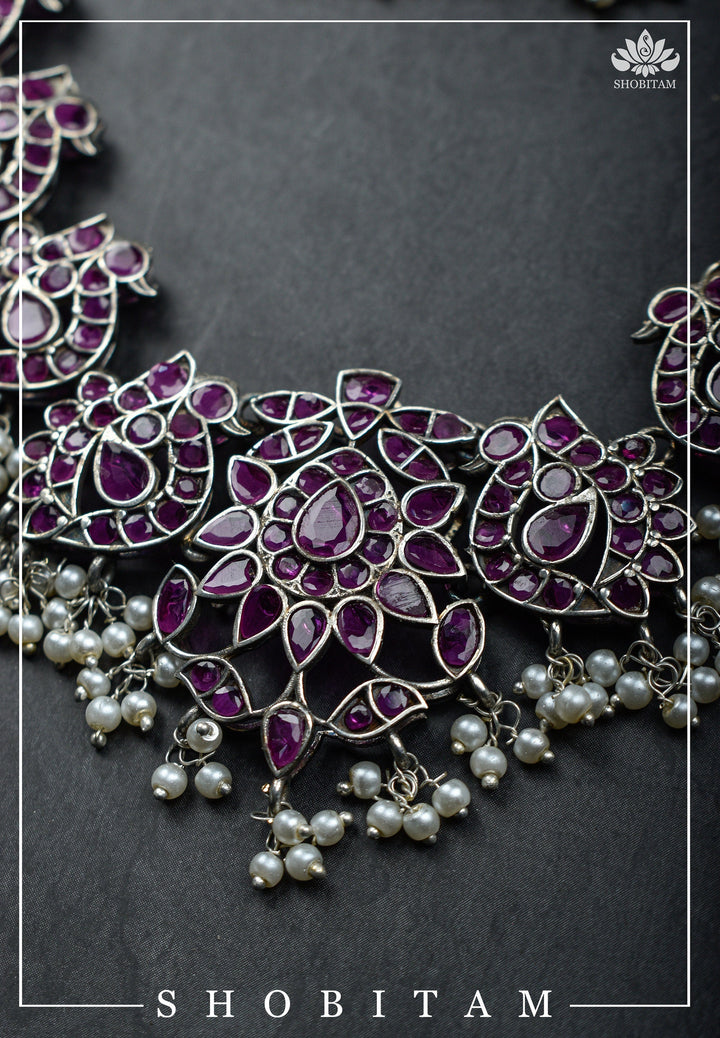 Vintage Style Oxidized Silver Peacock Units Necklace Set with Pink Stone Detailing and Dangling Pearls