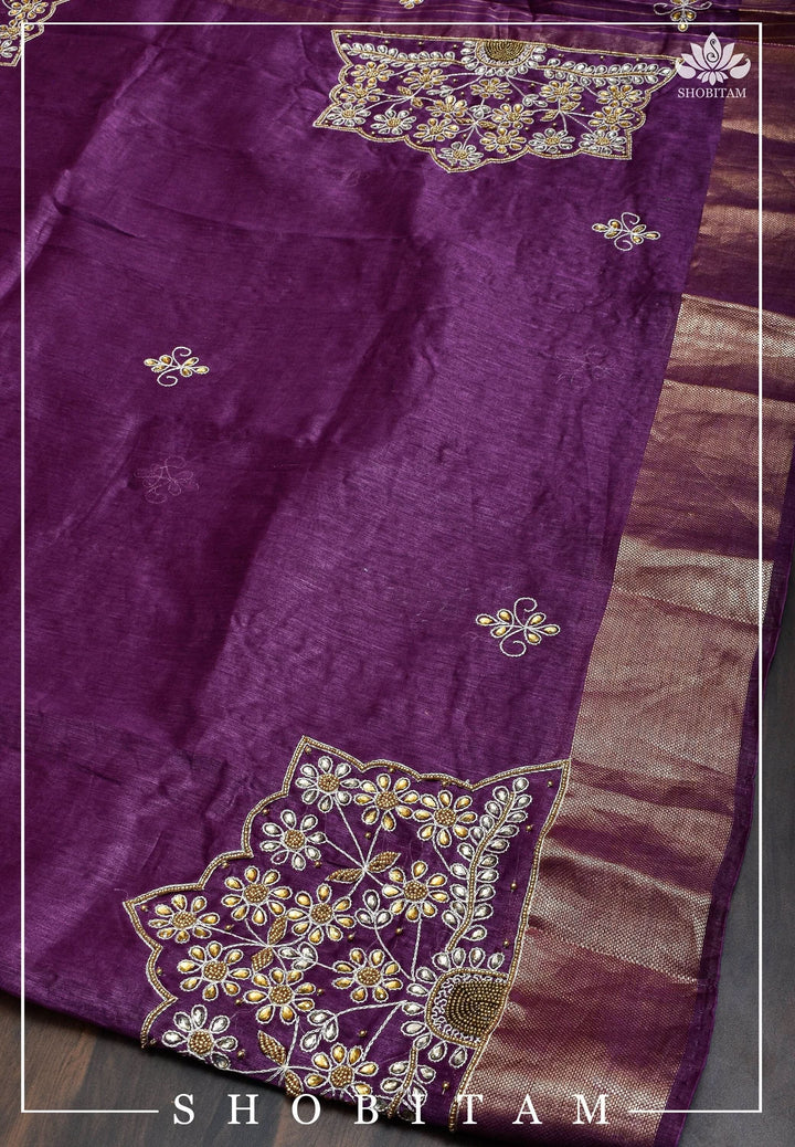 Purple Silk Linen Saree with Embroidery