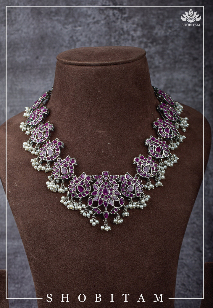 Vintage Style Oxidized Silver Peacock Units Necklace Set with Pink Stone Detailing and Dangling Pearls