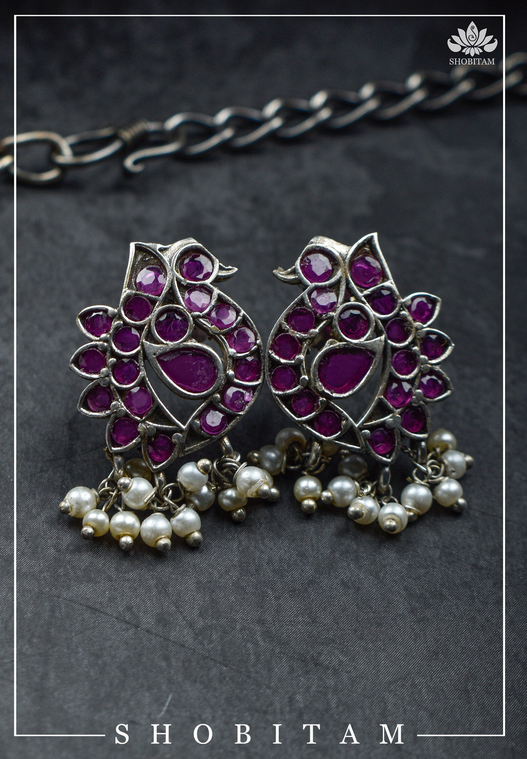 Vintage Style Oxidized Silver Peacock Units Necklace Set with Pink Stone Detailing and Dangling Pearls