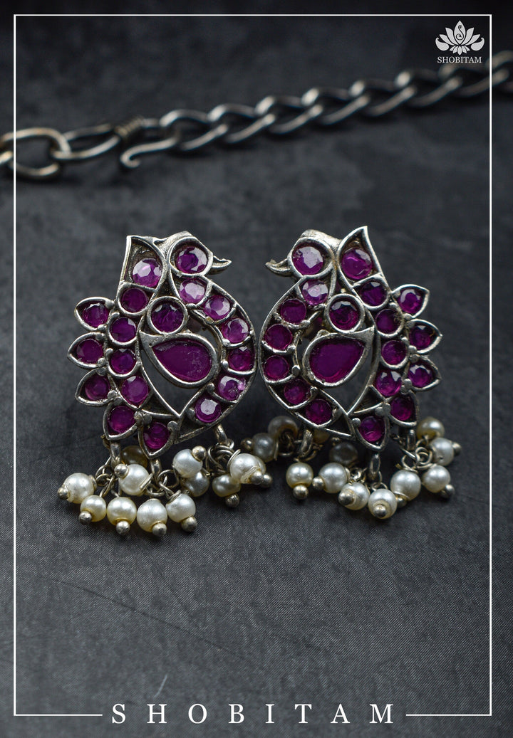 Vintage Style Oxidized Silver Peacock Units Necklace Set with Pink Stone Detailing and Dangling Pearls