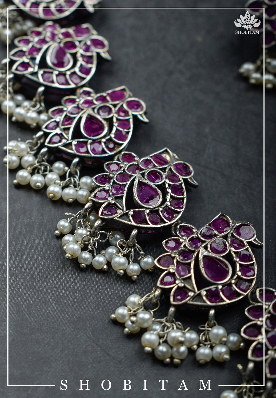 Vintage Style Oxidized Silver Peacock Units Necklace Set with Pink Stone Detailing and Dangling Pearls