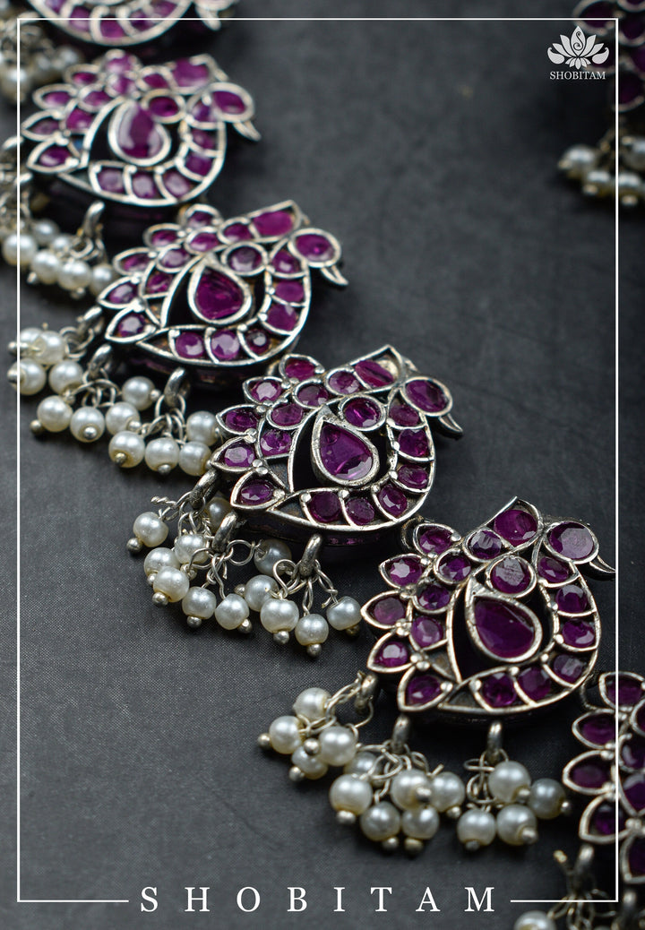 Vintage Style Oxidized Silver Peacock Units Necklace Set with Pink Stone Detailing and Dangling Pearls