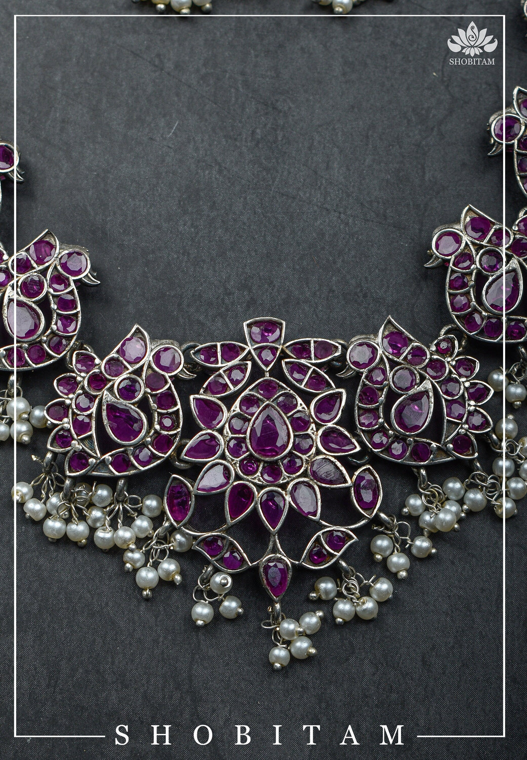 Vintage Style Oxidized Silver Peacock Units Necklace Set with Pink Stone Detailing and Dangling Pearls