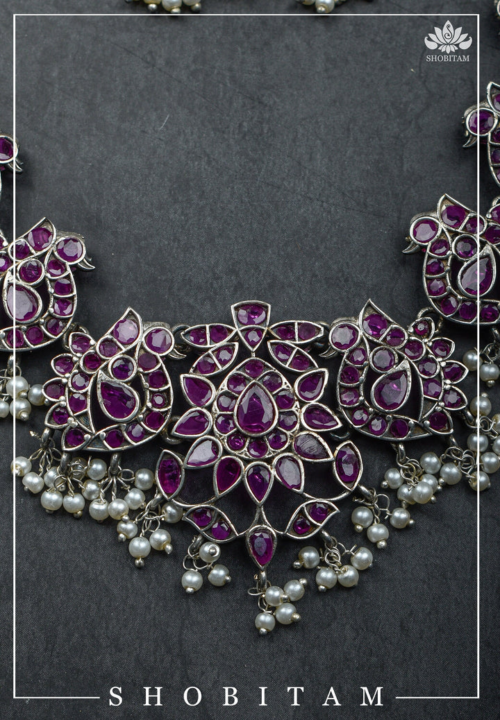 Vintage Style Oxidized Silver Peacock Units Necklace Set with Pink Stone Detailing and Dangling Pearls