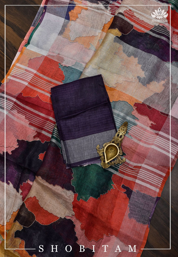 Abstract Print Multicolor Linen by Linen Saree with Zari Border