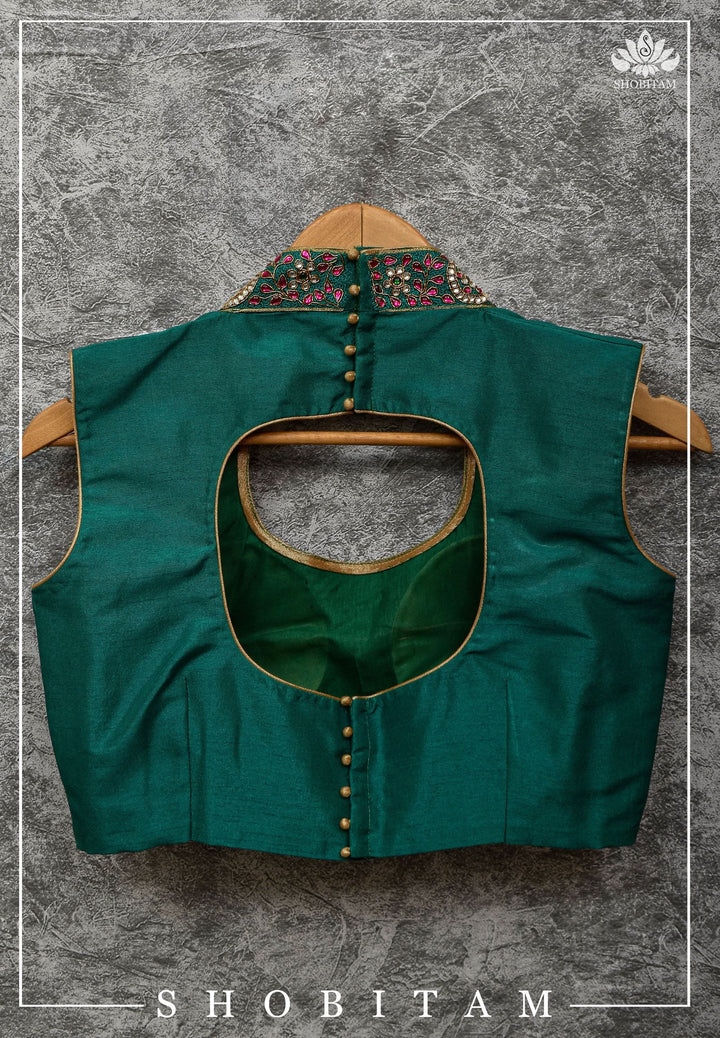Made to Order:  Necklace Design Jadau Ornamental Sleeveless Blouse in Green Raw SIlk | Shobitam Blouse