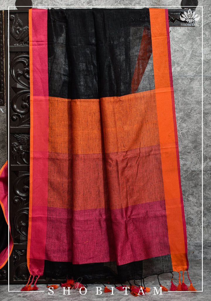 per orderGanga Jamuna Borders on Black Linen by Linen Saree | Sarees by Shobitam