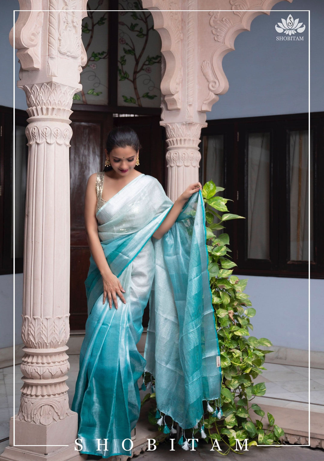 SHOBITAM Designer Collections - Pretty Ocean Blue Ombre Tissue Linen saree | Sarees by SHOBITAM
