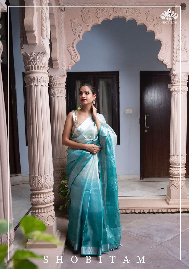 SHOBITAM Designer Collections - Pretty Ocean Blue Ombre Tissue Linen saree | Sarees by SHOBITAM