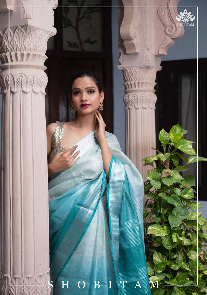 SHOBITAM Designer Collections - Pretty Ocean Blue Ombre Tissue Linen saree | Sarees by SHOBITAM