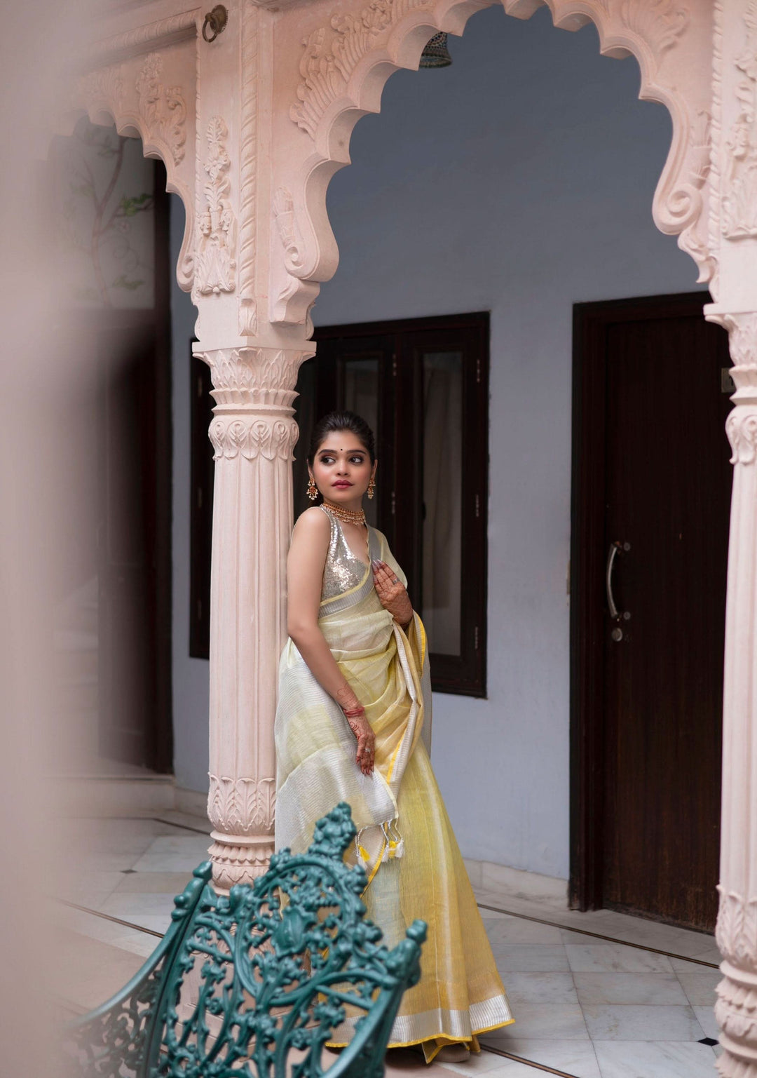Pre oredr Ombre Yellow and Silver Tissue Linen Saree | Shobitam Saree